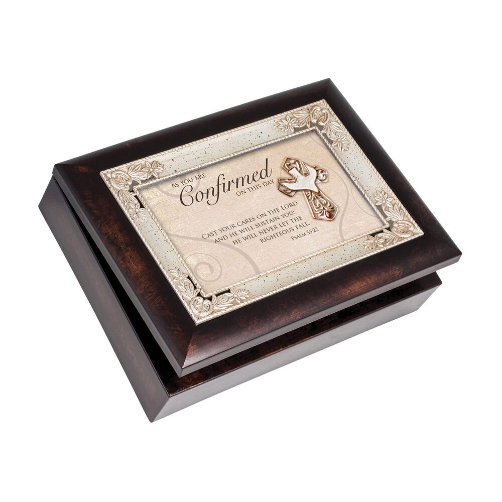 3818 Confirmed On This Day Burlwood Jewelry Music Box Plays Amazing Grace